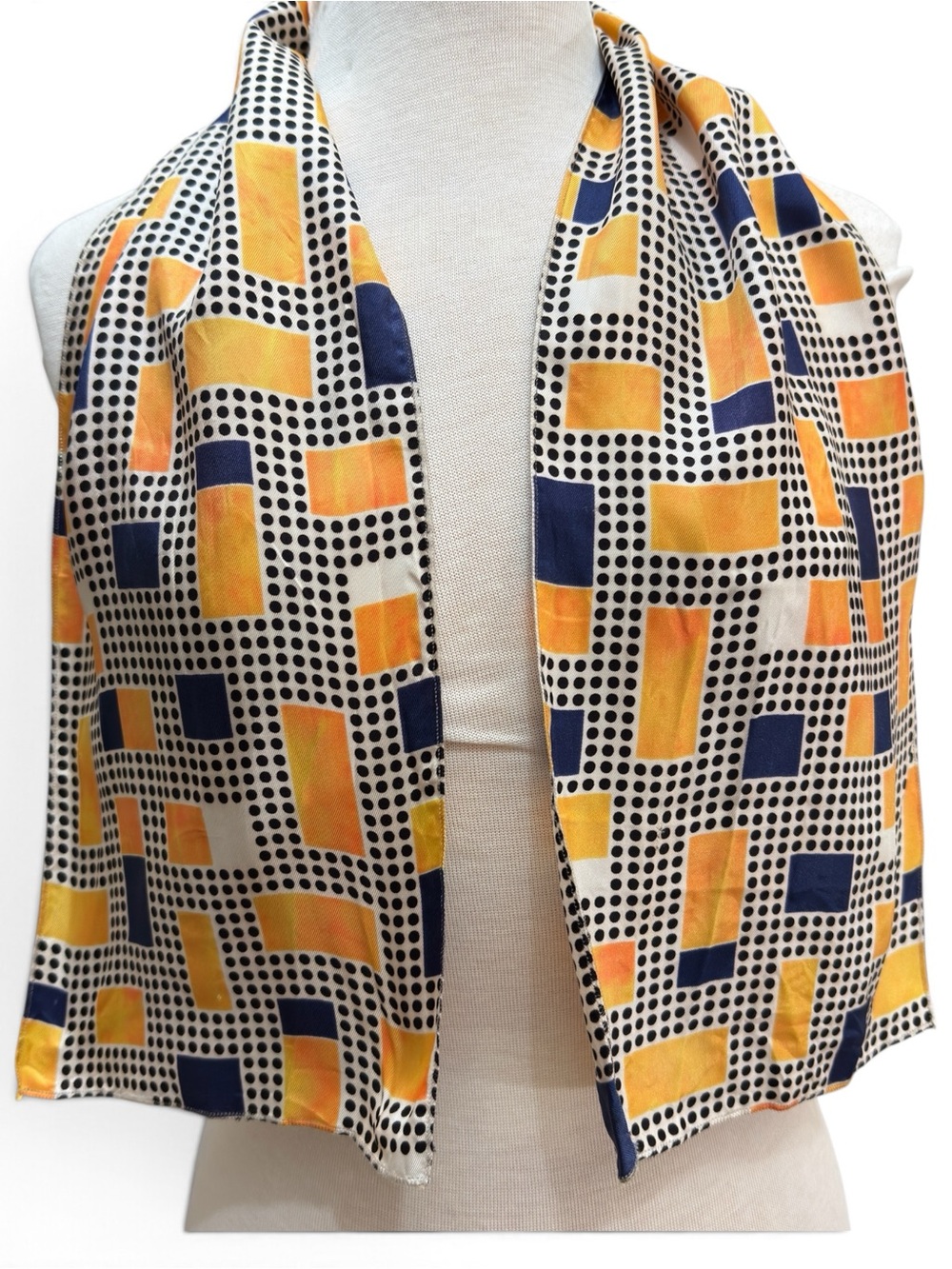 Vintage Geometric Oblong Scarf Navy Gold Orange Retro Mod 8” x 43”